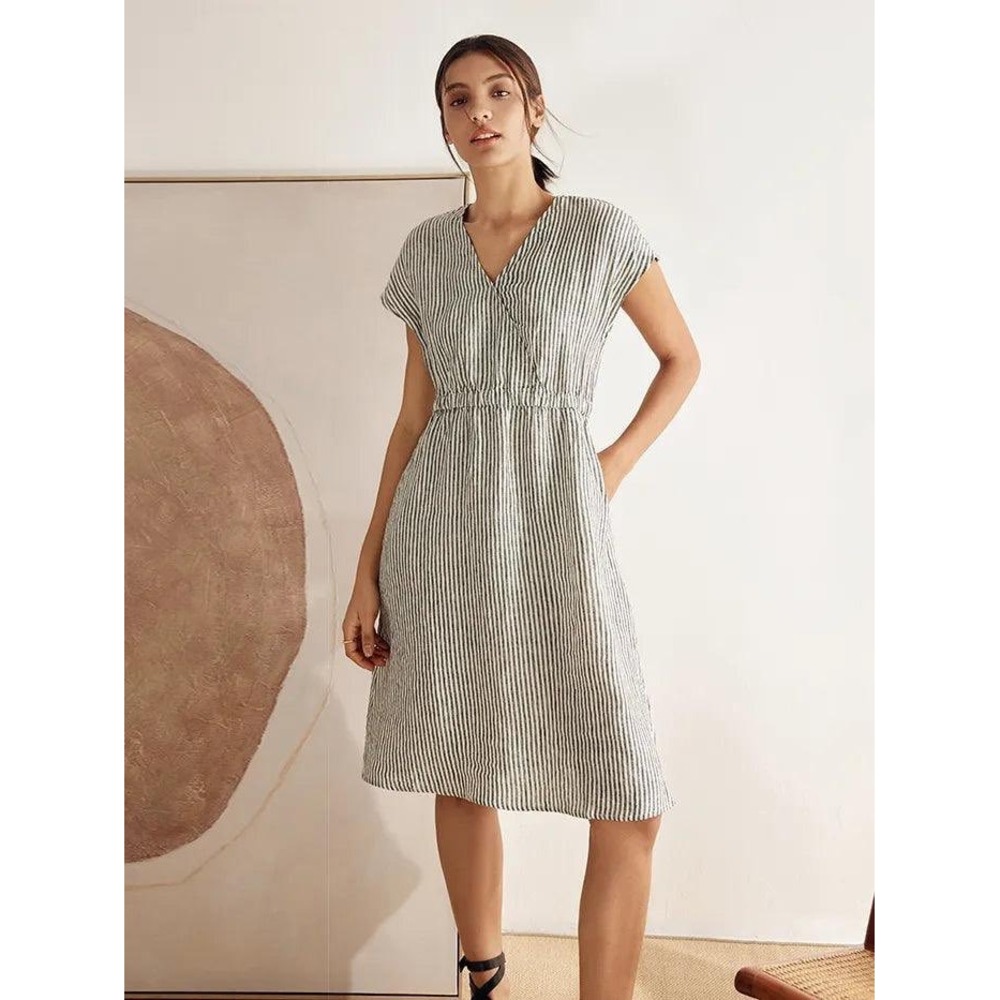 Grae Cove 100% Linen Striped Elastic-Waist Mini Dress ARIA In Black Stripe Sz L